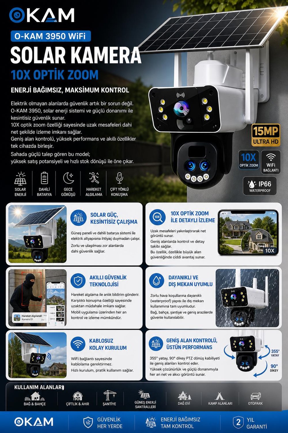 OKam O-KAM-3950 WİFİ solar 10X Optik Zooom Ptz Kamera