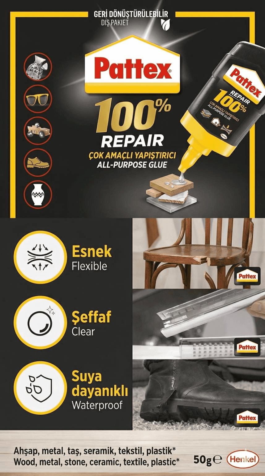Pattex %100 Repair Gel Çok Amaçlı Yapıştırıcı 50 g | Güçlü & Suya Dayanıklı