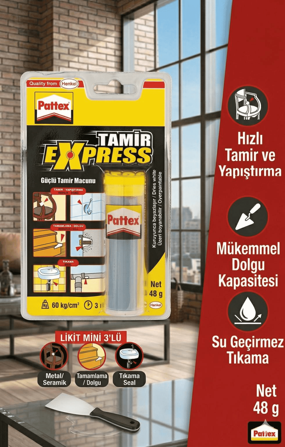 Pattex Tamir Express 48 g Epoksi Tamir Macunu | Güçlü Dolgu & Yapıştırıcı