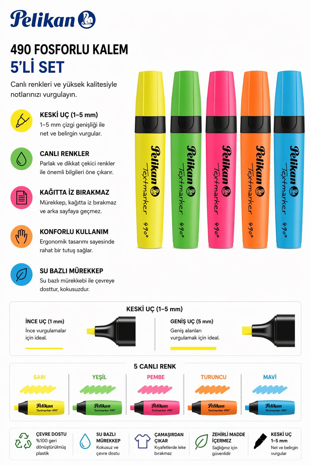 Pelikan 490 Fosforlu Kalem 5'li Set