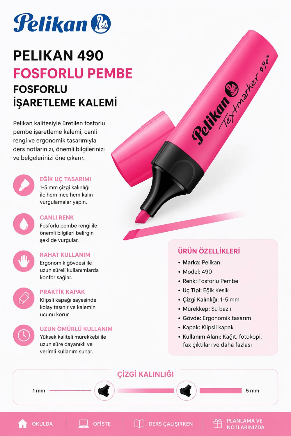 Pelikan 490 Fosforlu Pembe İşaretleme Kalemi