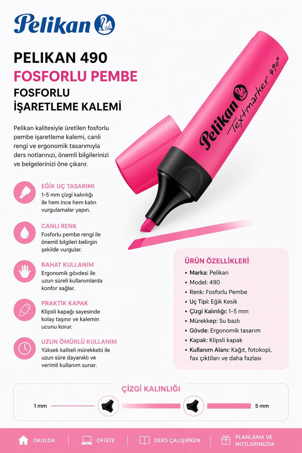 Pelikan 490 Fosforlu Pembe İşaretleme Kalemi