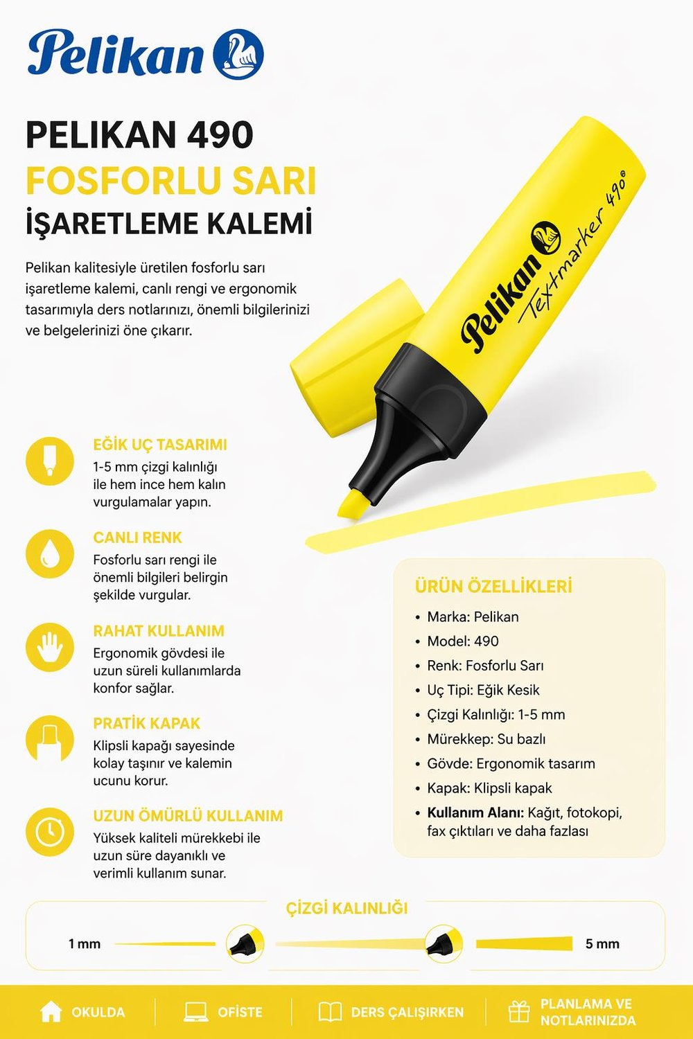 Pelikan 490 Fosforlu Sarı İşaretleme Kalemi