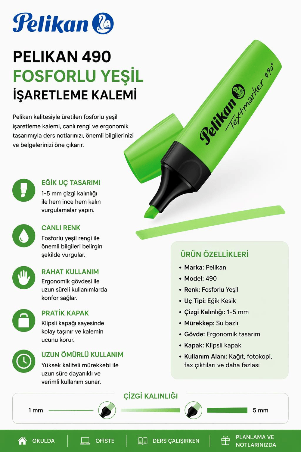 Pelikan 490 Fosforlu Yeşil İşaretleme Kalemi