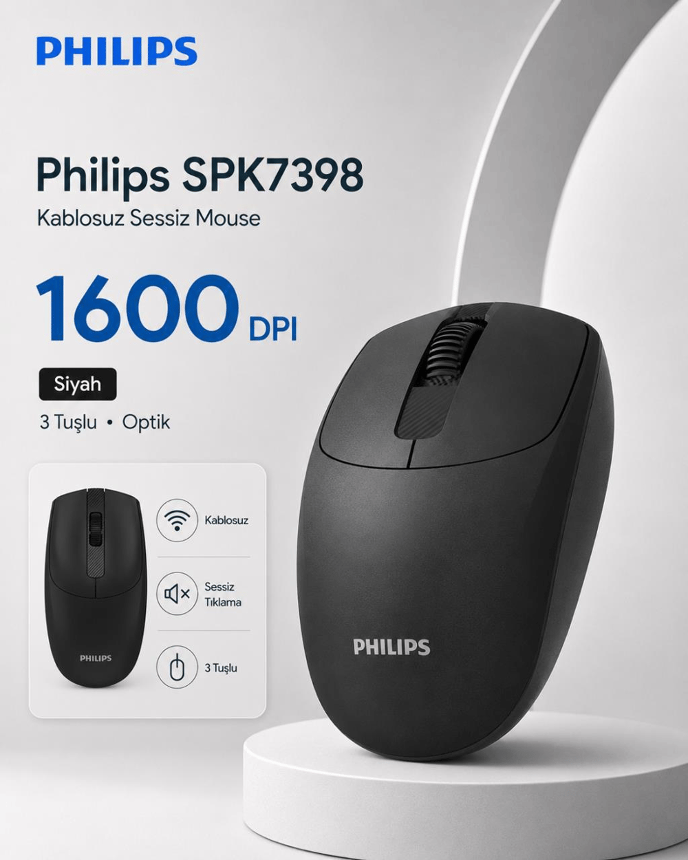 Philips SPK7398 Kablosuz 1600 DPI 3 Tuşlu Optik Sessiz Mouse Siyah