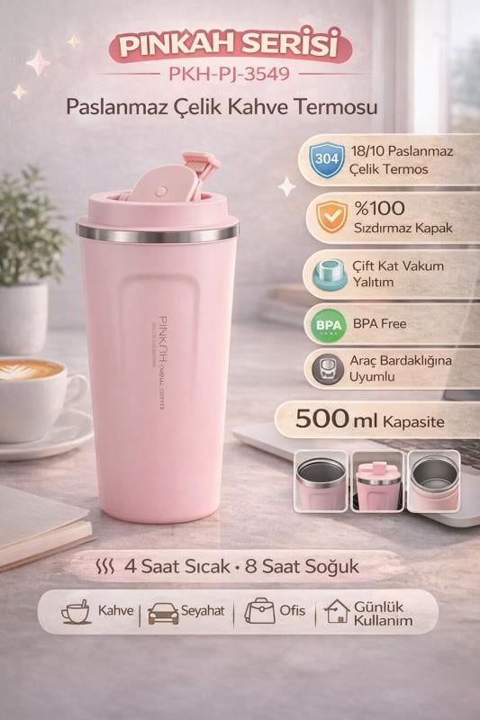 Pinkah Paslanmaz Çelik Kahve Termos Bardak Matara 500 ml Pembe Renk – PKH-PJ-3549-L