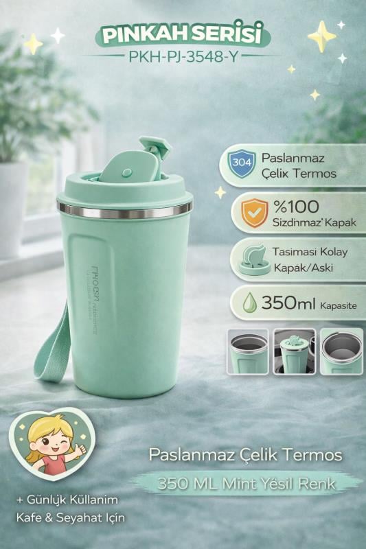 Pinkah Paslanmaz Çelik Kahve Termos Bardak Matara 350 ml Yeşil Renk – PKH-PJ-3548-L