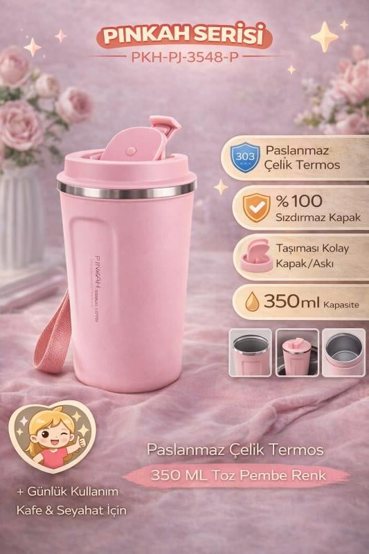 Pinkah Paslanmaz Çelik Kahve Termos Bardak Matara 350 ml Pembe Renk – PKH-PJ-3548-L