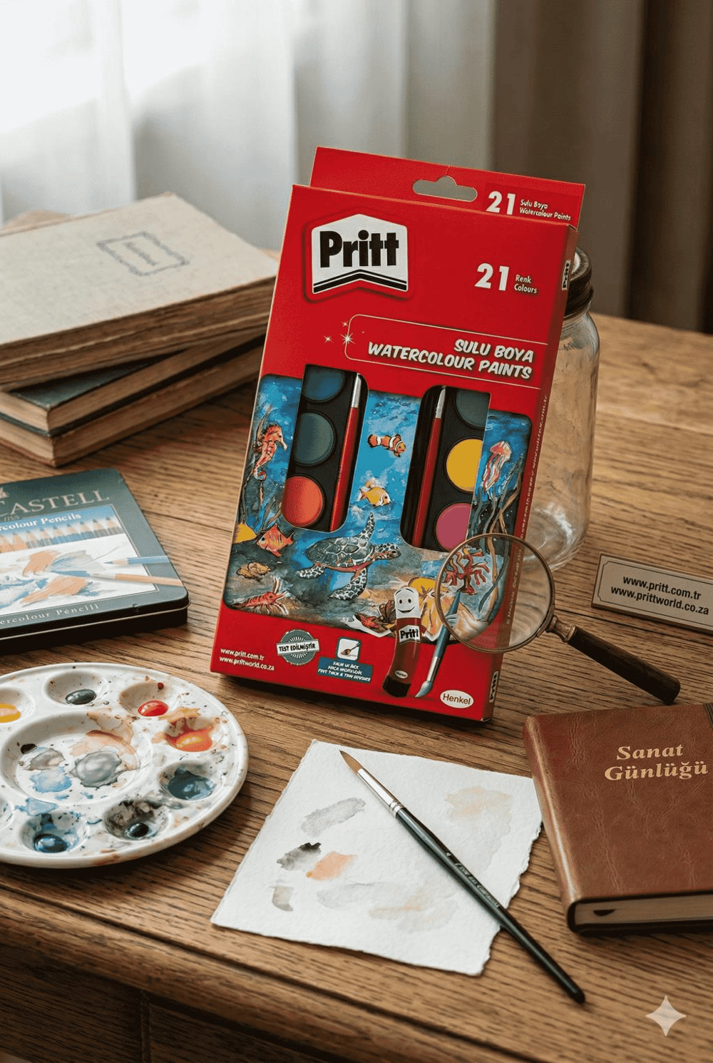 Pritt 21 Renk Sulu Boya Seti Büyük Tablet + Fırça | 1671703 | Çocuklar İçin Okul Boyası