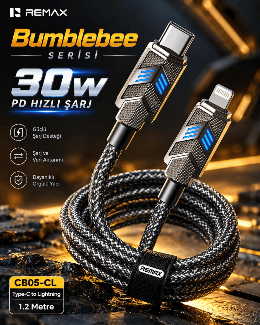 REMAX CB05-CL Bumblebee Serisi 30W PD Type-C to Lightning LED Işıklı Çinko Alaşımlı Örgülü Hızlı Şarj ve Data Kablosu 1.2 Metre Siyah