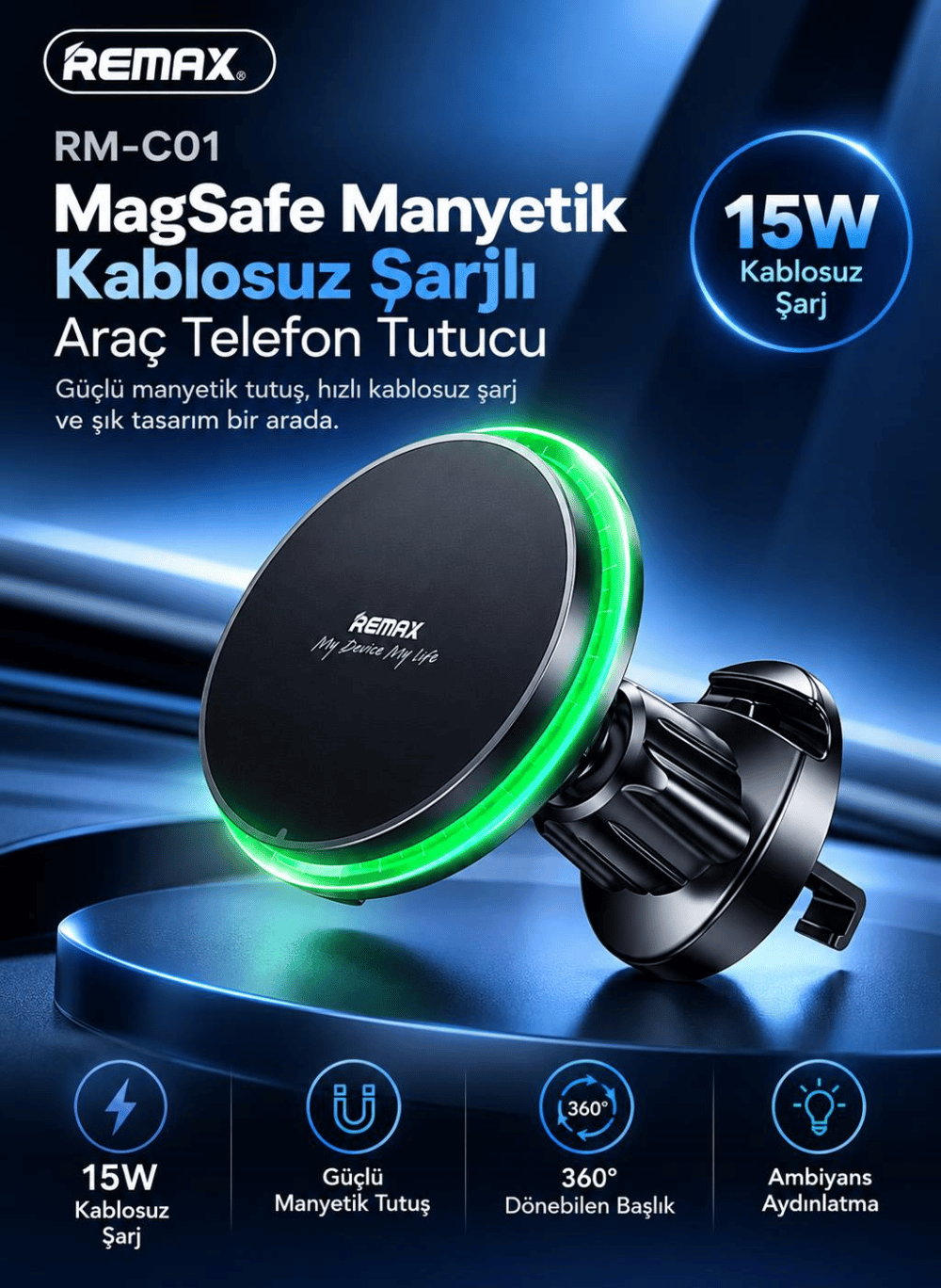 REMAX RM-C01 15W MagSafe Manyetik Kablosuz Şarjlı Araç Telefon Tutucu 360° Döner Başlık LED Işıklı Siyah