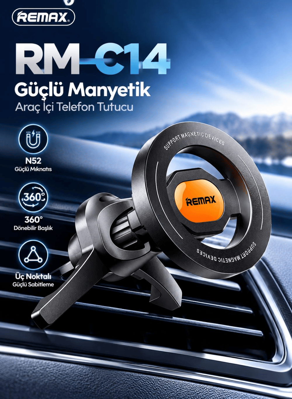 REMAX RM-C14 N52 Güçlü Manyetik 360° Dönebilir Araç İçi Telefon Tutucu – Siyah