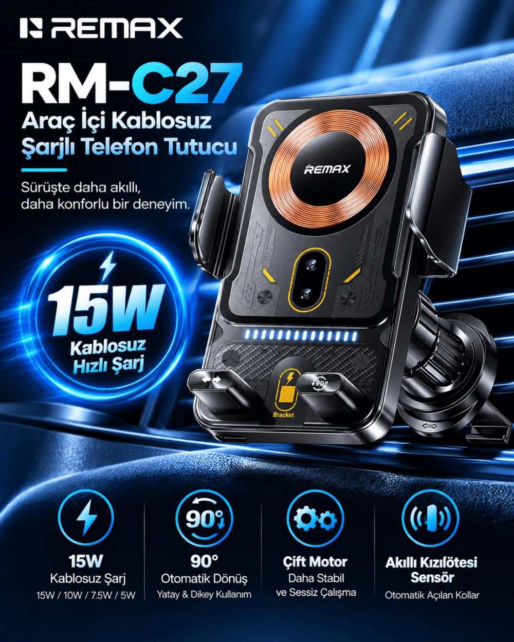 REMAX RM-C27 15W Kablosuz Şarjlı Araç Telefon Tutucu 90° Motorlu Dönüş, Akıllı Sensörlü Otomatik Kavrama, Siyah