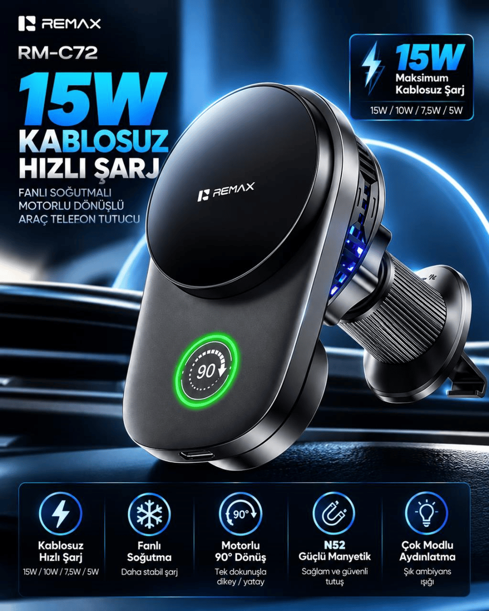 REMAX RM-C72 15W Manyetik Kablosuz Şarjlı Fan Soğutmalı Motorlu Araç Telefon Tutucu