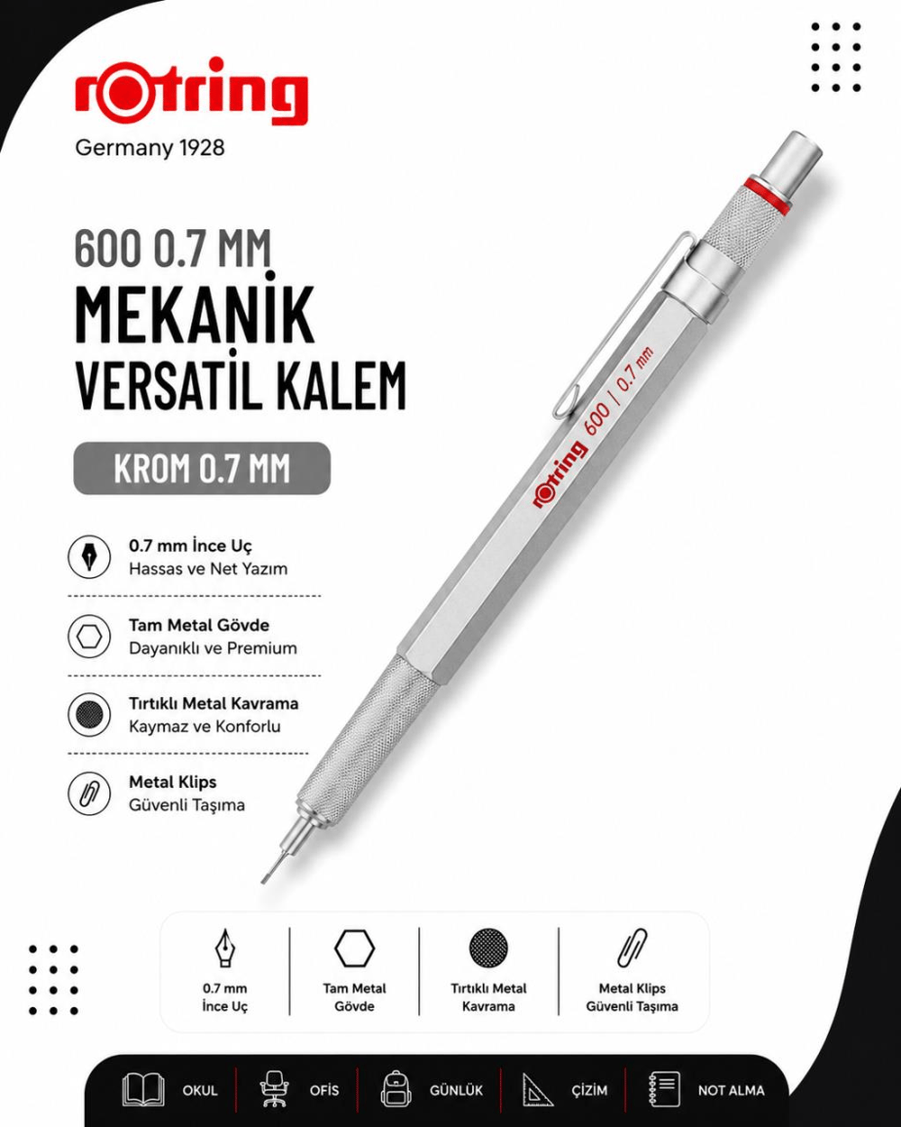Rotring 600 Mekanik Versatil Kalem 0.7 MM Krom 1904444