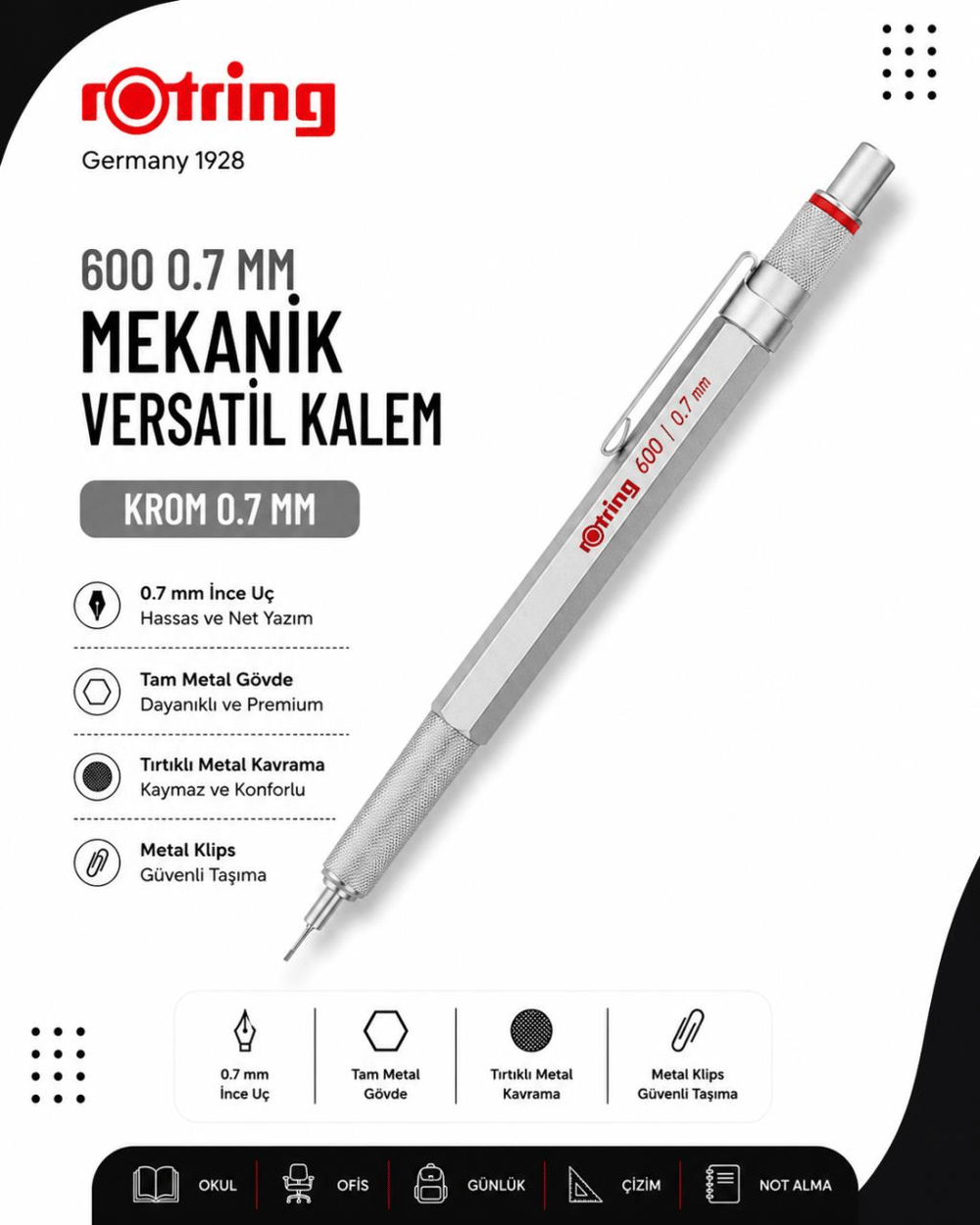 Rotring 600 Mekanik Versatil Kalem 0.7 MM Krom 1904444