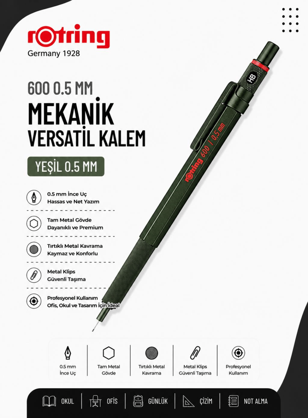 Rotring 600 Mekanik Versatil Kalem 0.5 MM Yeşil 2114268