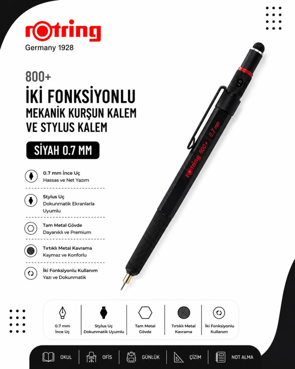 Rotring 800+ İki Fonksiyonlu Mekanik Kurşun Kalem ve Stylus Kalem 0.7 mm – Siyah