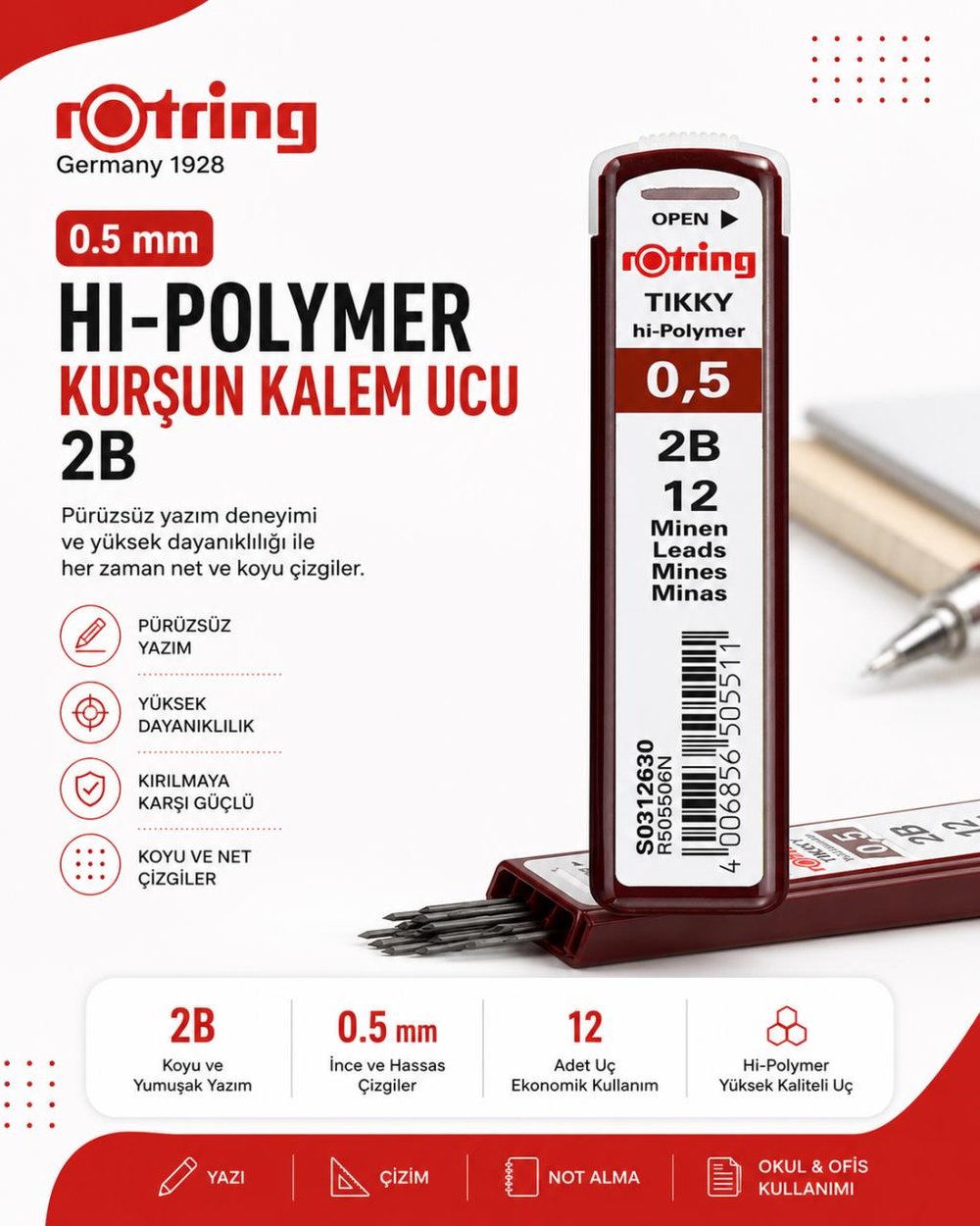 Rotring Hi-Polymer Kurşun Kalem Ucu 0.5 mm (2B)  -S0312630