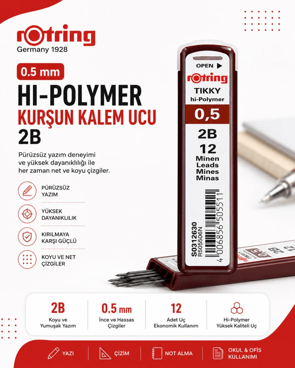 Rotring Hi-Polymer Kurşun Kalem Ucu 0.5 mm (2B)  -S0312630