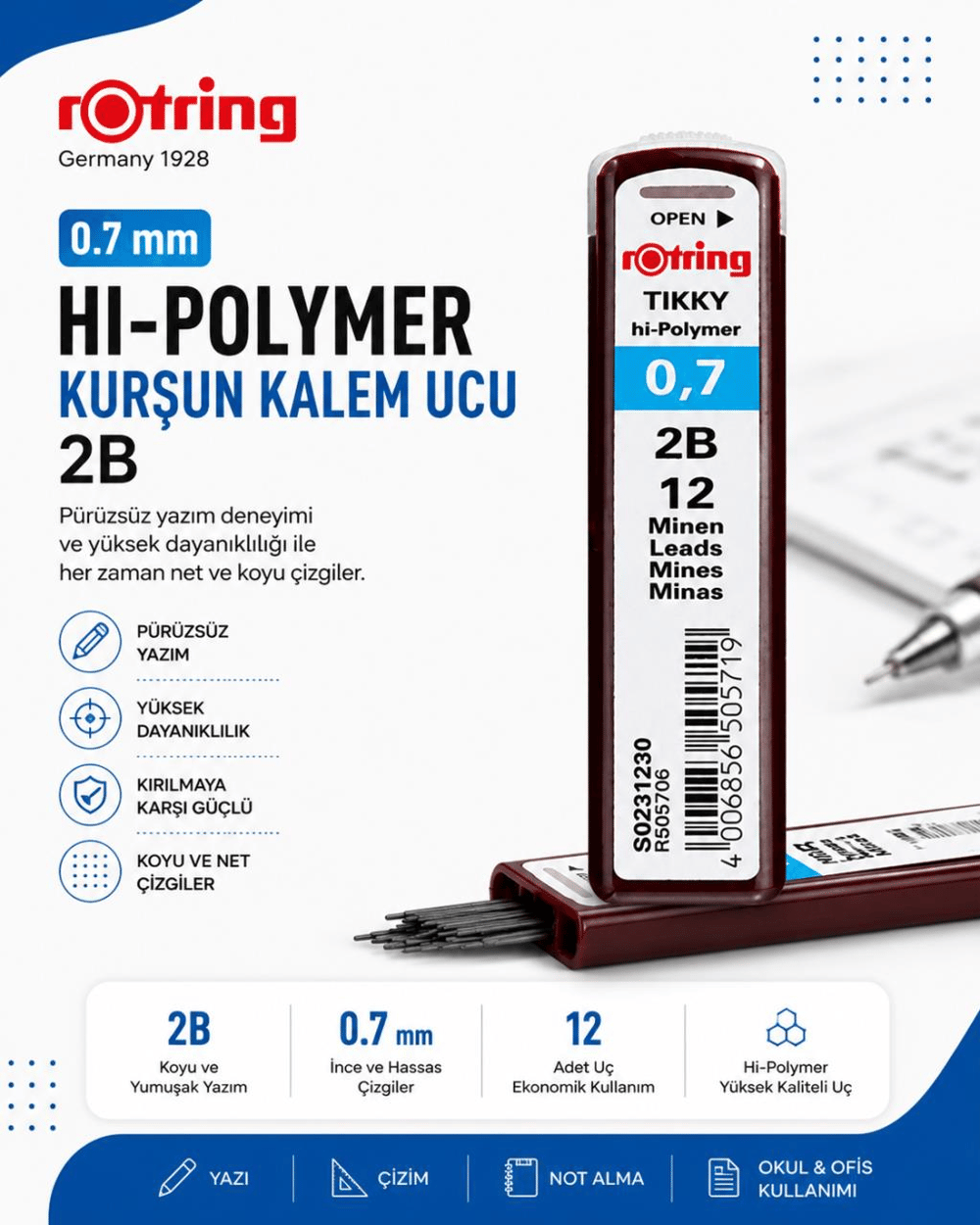 Rotring Hi-Polymer Kurşun Kalem Ucu 0.7 mm (2B)  -S0231230