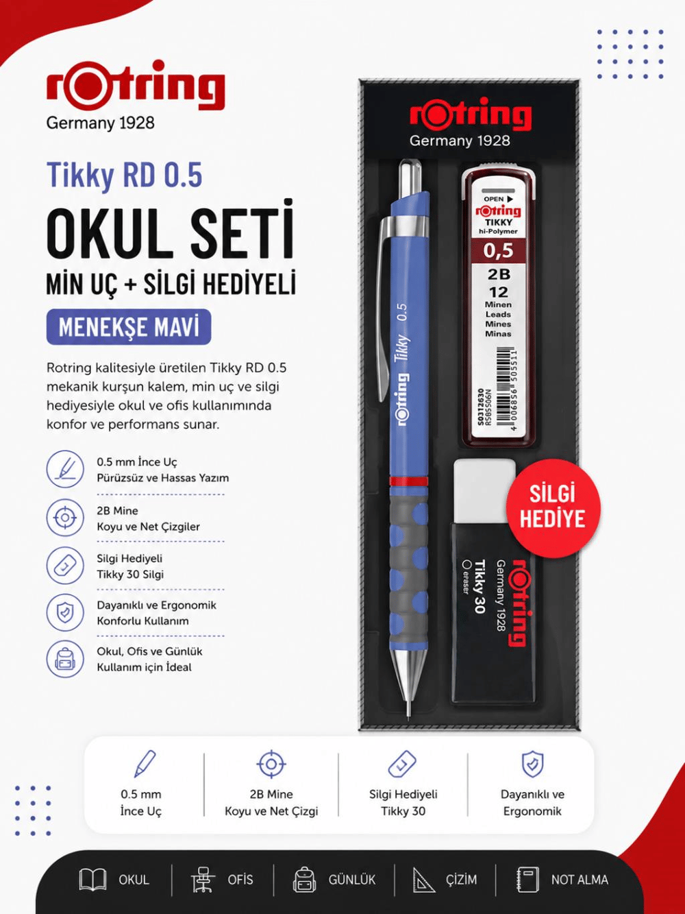 Rotring Okul Seti Tikky Rd 0.5+Min Silgi Hediyeli Menekşe Mavi