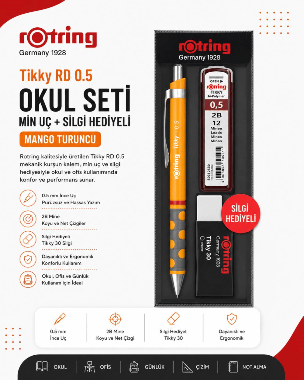 Rotring Okul Seti Tikky Rd 0.5+Min Silgi Hediyeli Mango Turuncu