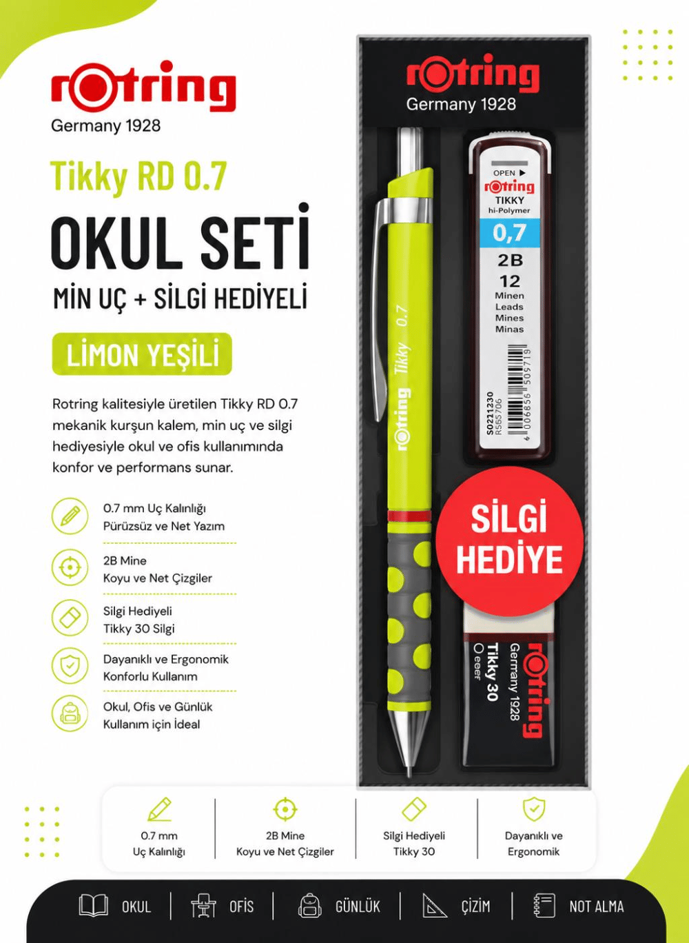 Rotring Okul Seti Tikky Rd 0.7+Min Silgi Hediyeli Limon Yeşili