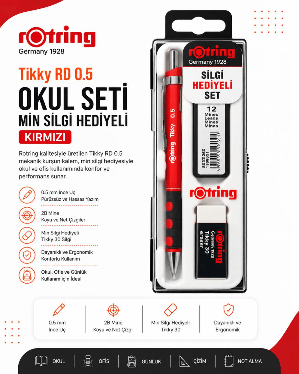 Rotring Okul Seti Tikky RD 0.5 + Min Silgi Hediyeli Kırmızı
