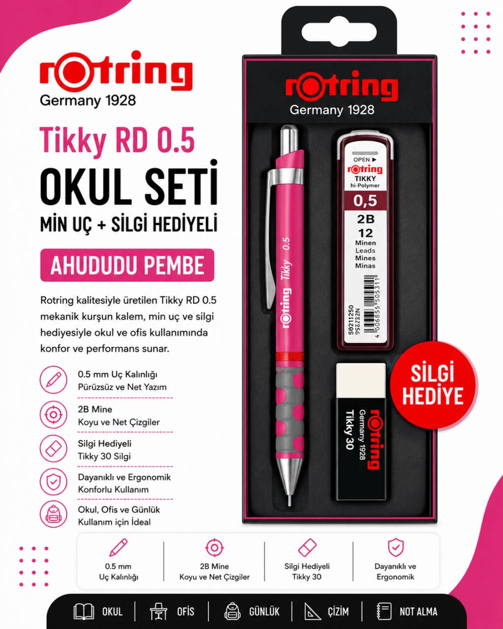 Rotring Okul Seti Tikky Rd 0.5+Min Silgi Hediyeli Ahududu Pembe