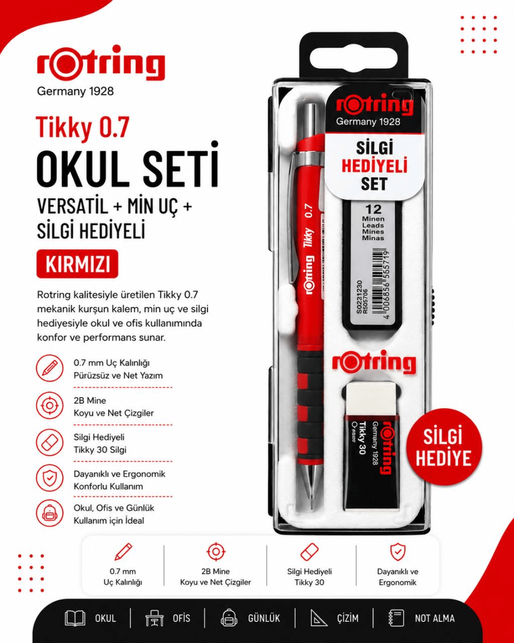 Rotring Okul Seti Tikky Rd 0.7+Min Silgi Hediyeli Ahududu Pembe