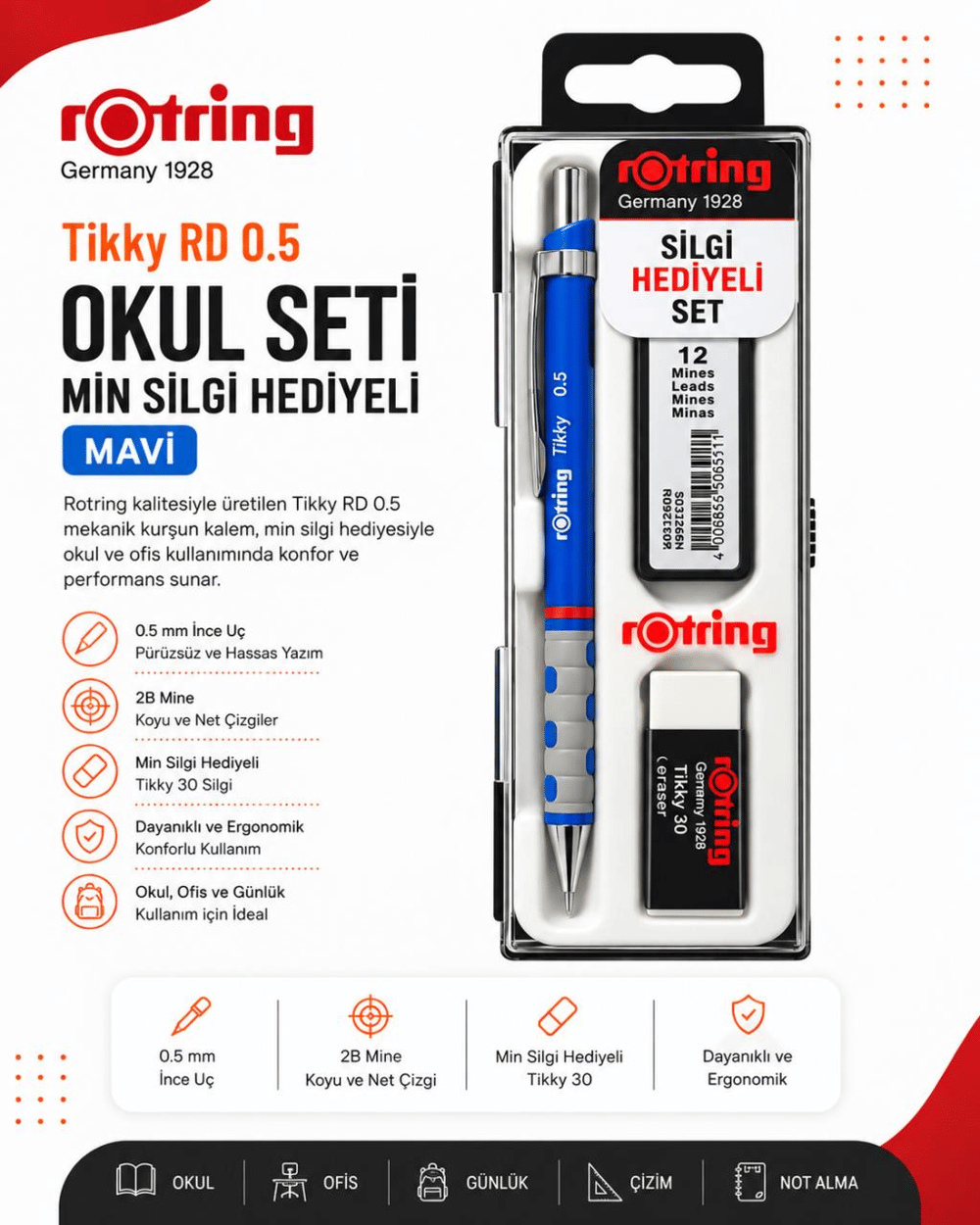 Rotring Okul Seti Tikky RD 0.5 + Min Silgi Hediyeli Mavi