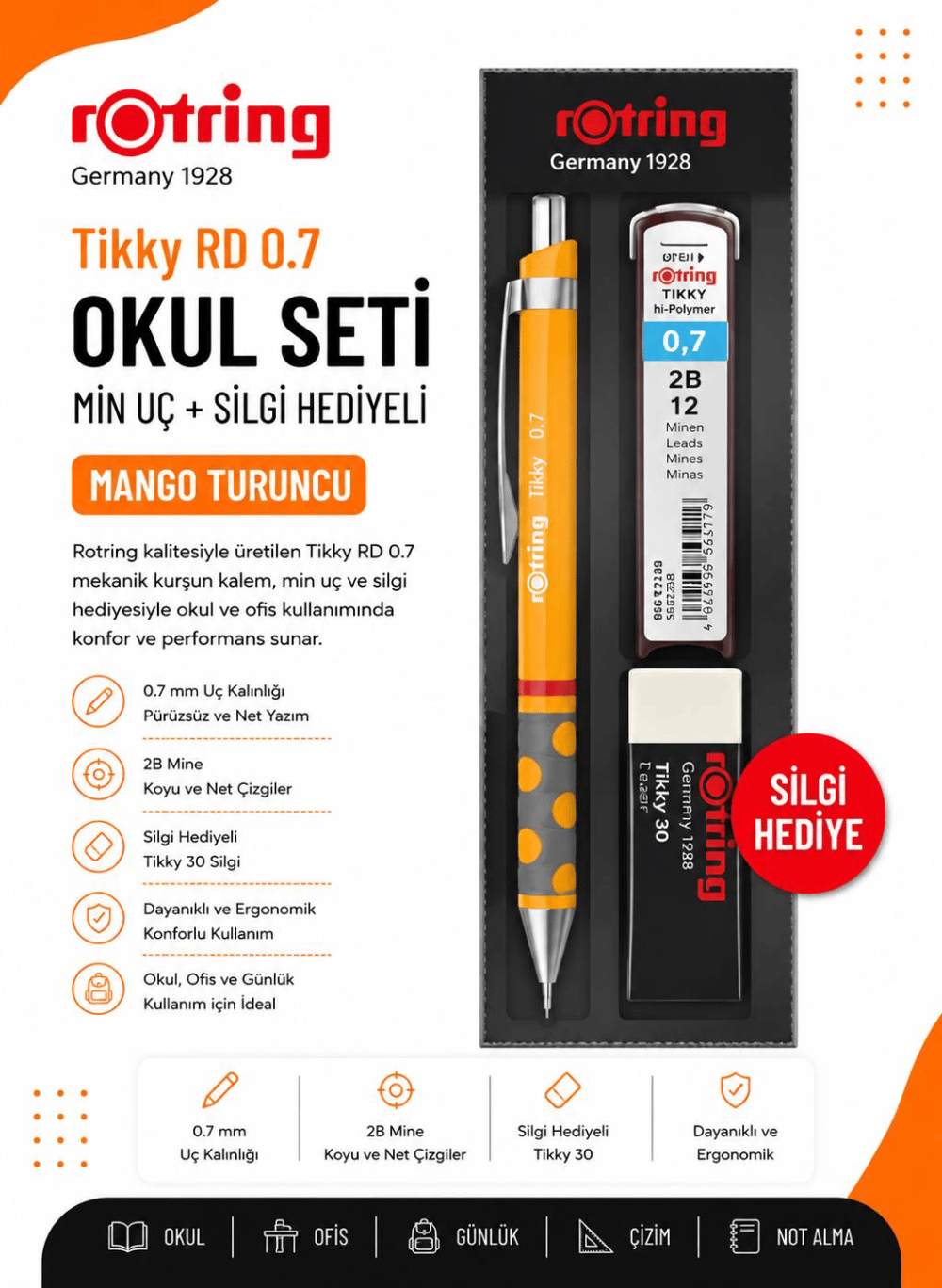 Rotring Okul Seti Tikky Rd 0.7+Min Silgi Hediyeli Mango Turuncu
