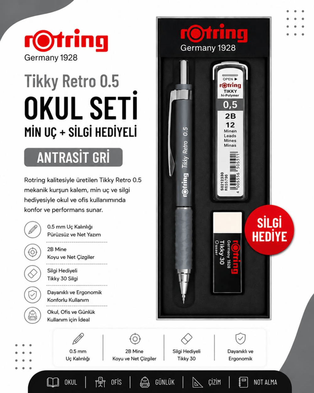 Rotring Okul Seti Tikky Retro 0.5+Min Silgi Hediyeli Antrasit Gri