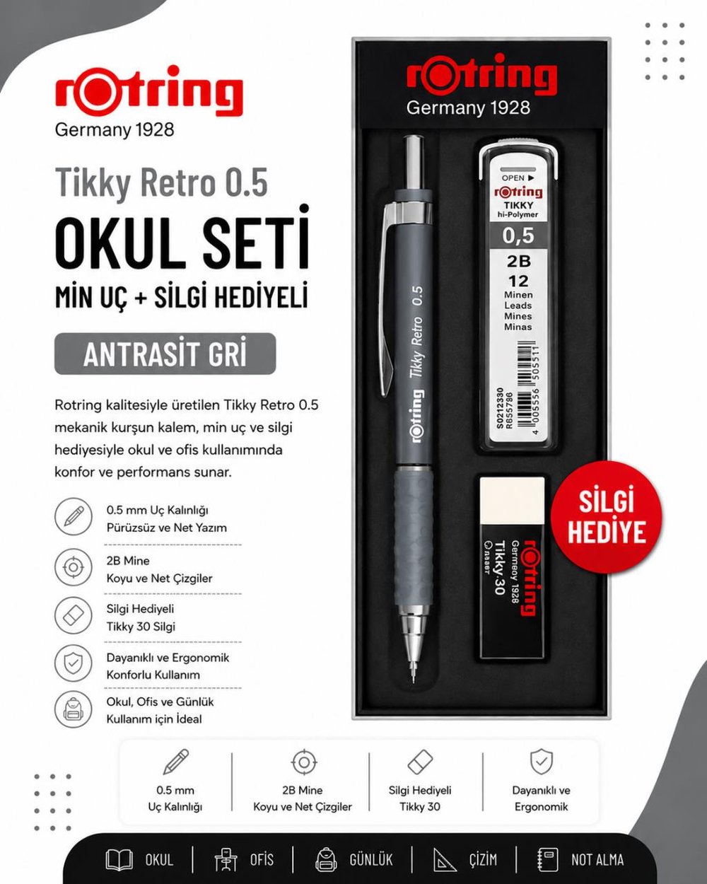 Rotring Okul Seti Tikky Retro 0.5+Min Silgi Hediyeli Antrasit Gri