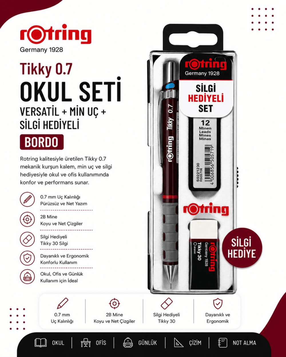 Rotring Okul Seti Versatil+Min Silgi Hediyeli 0.7 MM Bordo RO-KK07-07