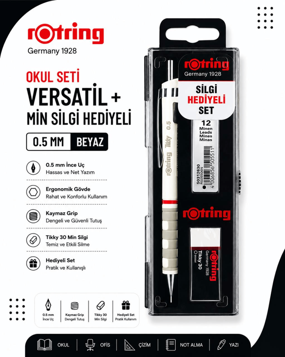 Rotring Okul Seti Versatil+Min Silgi Hediyeli 0.5 MM Beyaz RO-KK07-05B