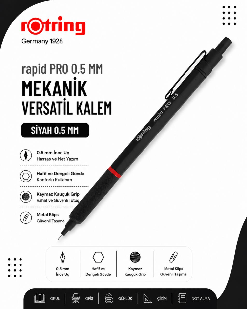 Rotring Rapid Pro 0.5.MM Mekanik Versatil Kalem Siyah 1904258
