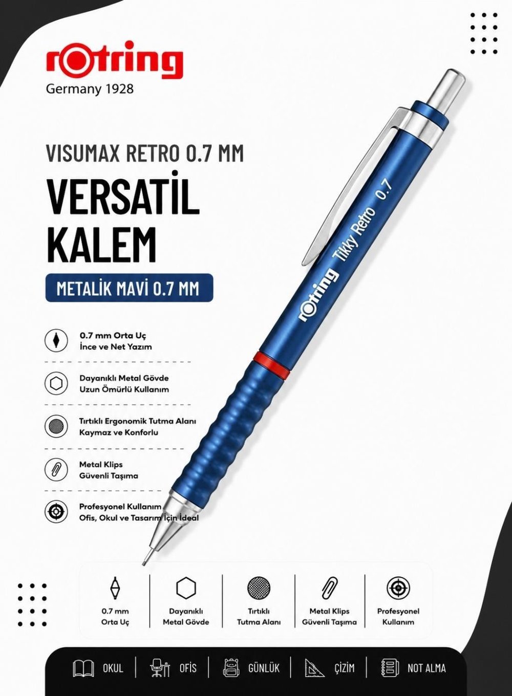 Rotring Versatil Kalem Tikky Retro Metalik Mavi 0.7 MM 2202569