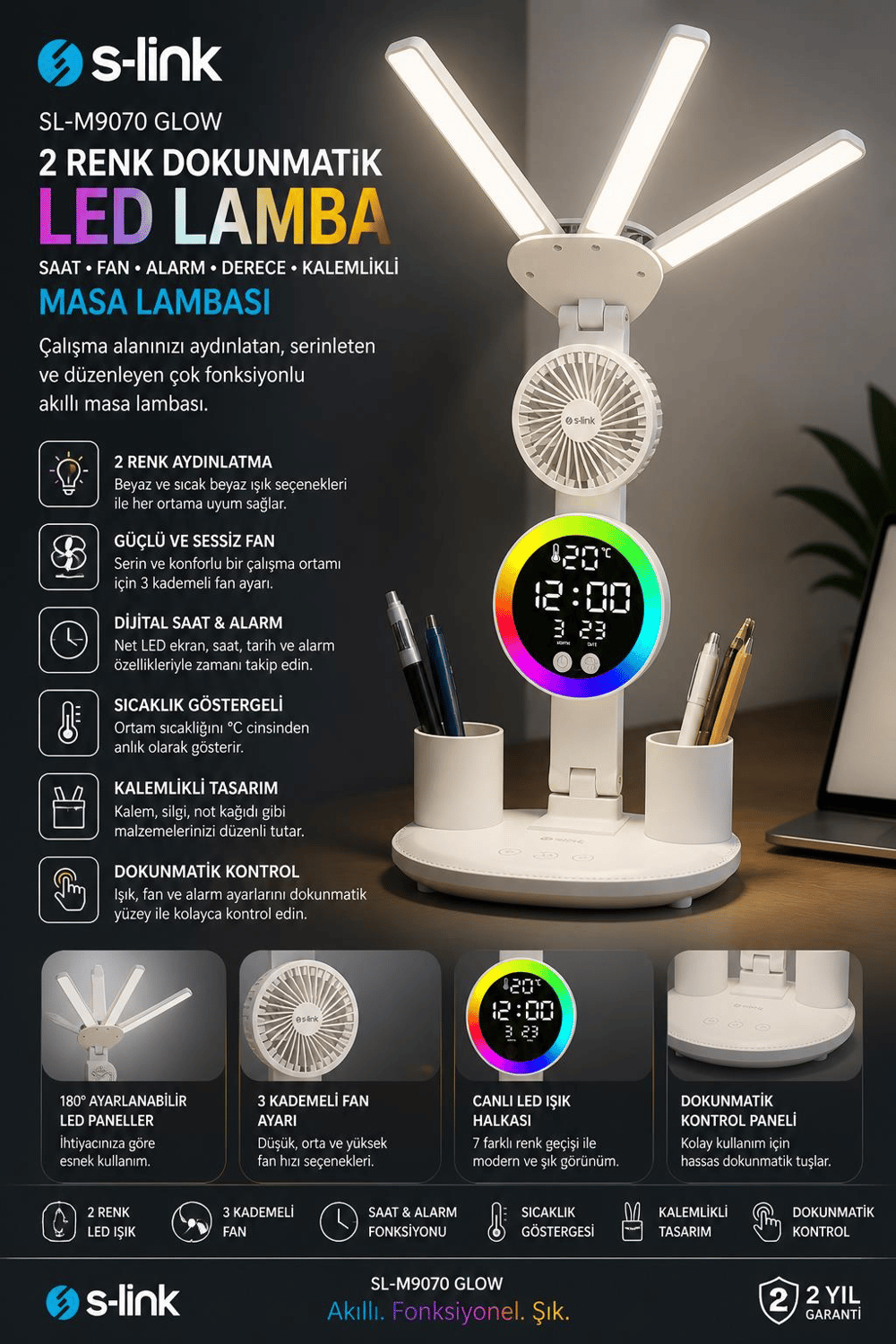 S-link SL-M9070 Glow Beyaz Dokunmatik Led Lamba Saat, Fan,Derece Kalemlikli Masa Lambası