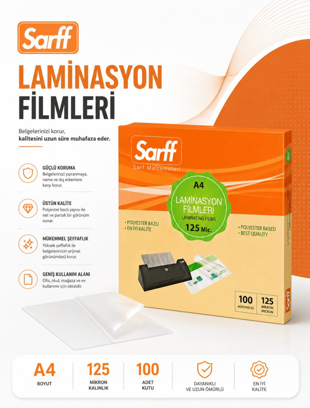 Sarff Laminasyon Filmi 125 Mikron A4 100'lü Kutu (216 x 303 mm)