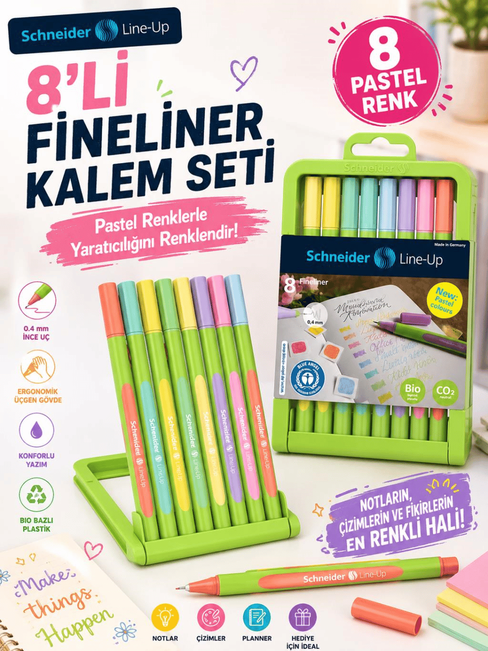 Schneider 191088 Fineliner Serisi 0,4 mm 8'li Paket Pastel Karışık Renk Set