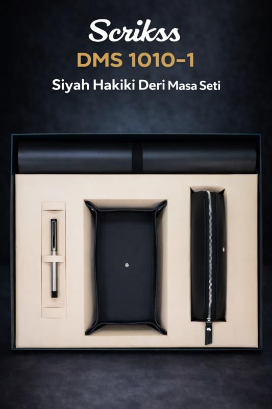 Scrikss DMS 1010-1 Lüks Siyah Hakiki Deri Masa Seti – 4’lü Premium Ofis Seti + Roller Kalem