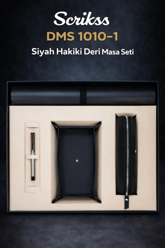 Scrikss DMS 1010-1 Lüks Siyah Hakiki Deri Masa Seti – 4’lü Premium Ofis Seti + Roller Kalem