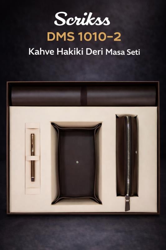 Scrikss DMS 1010-2 Lüks Kahve Hakiki Deri Masa Seti – 4’lü Premium Ofis Seti + Roller Kalem