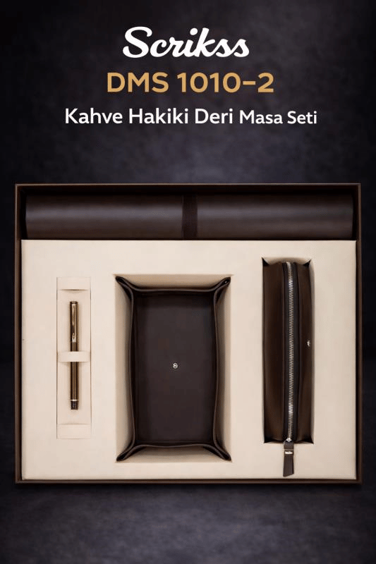 Scrikss DMS 1010-2 Lüks Kahve Hakiki Deri Masa Seti – 4’lü Premium Ofis Seti + Roller Kalem