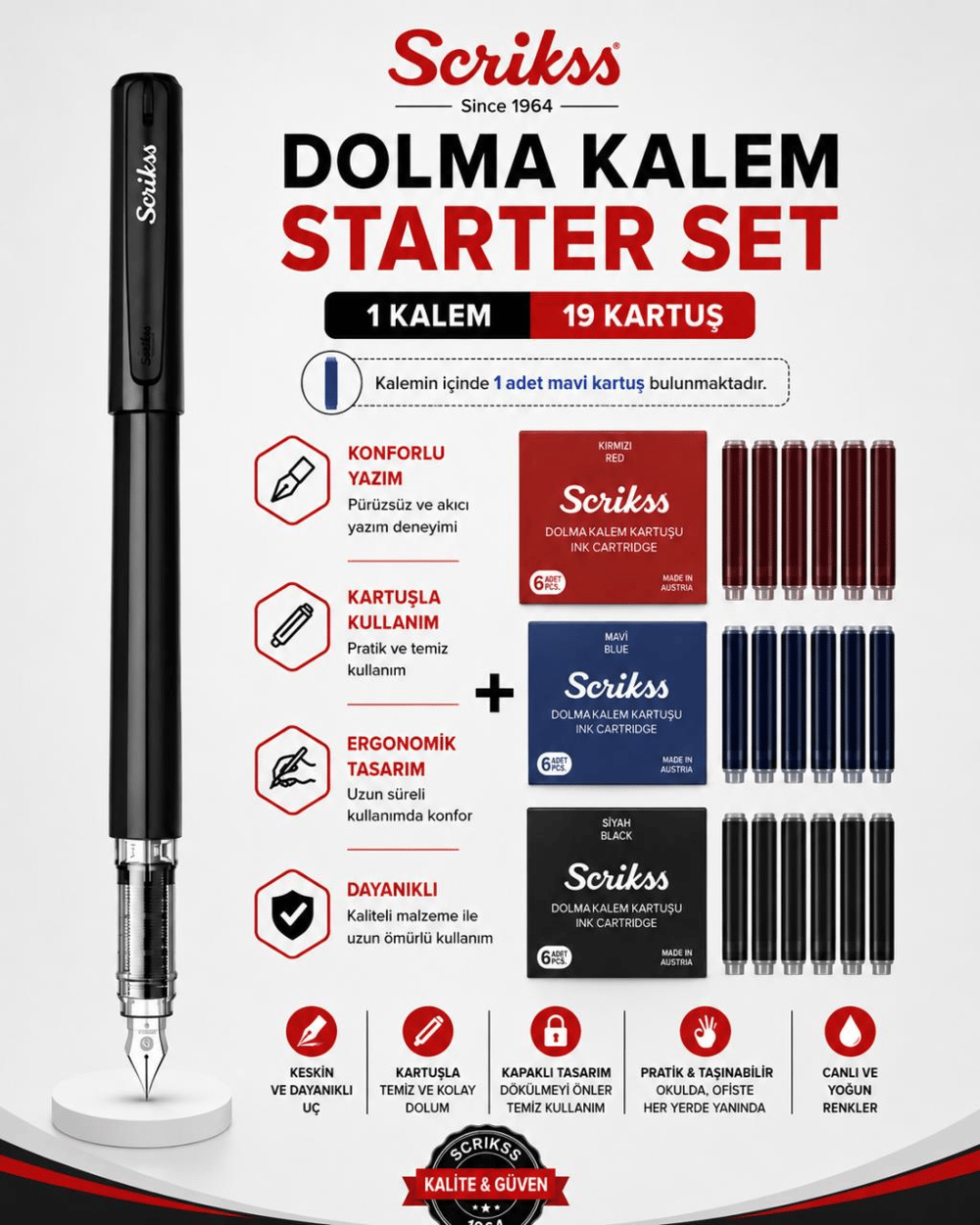 Scrikss Dolma Kalem Starter Set – 1 Siyah Dolma Kalem + 19 Kartuş
