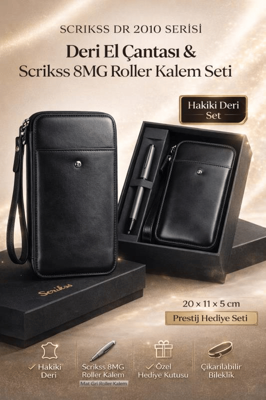 Scrikss DR 2010-S1 Hakiki Deri El Çantası Siyah & Metropolis 78MG Mat Gri Roller Kalem Seti