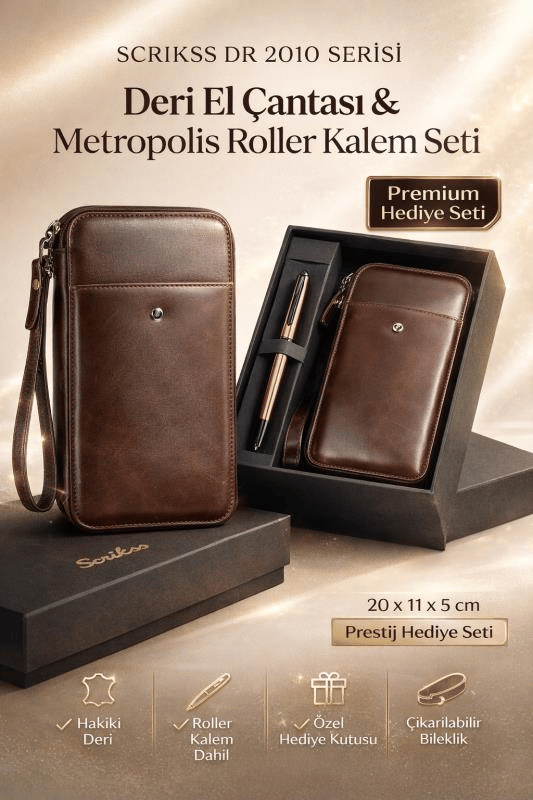 Scrikss DR 2010-S2 Hakiki Deri El Çantası Kahve & Metropolis 78MR Rose Roller Kalem Seti
