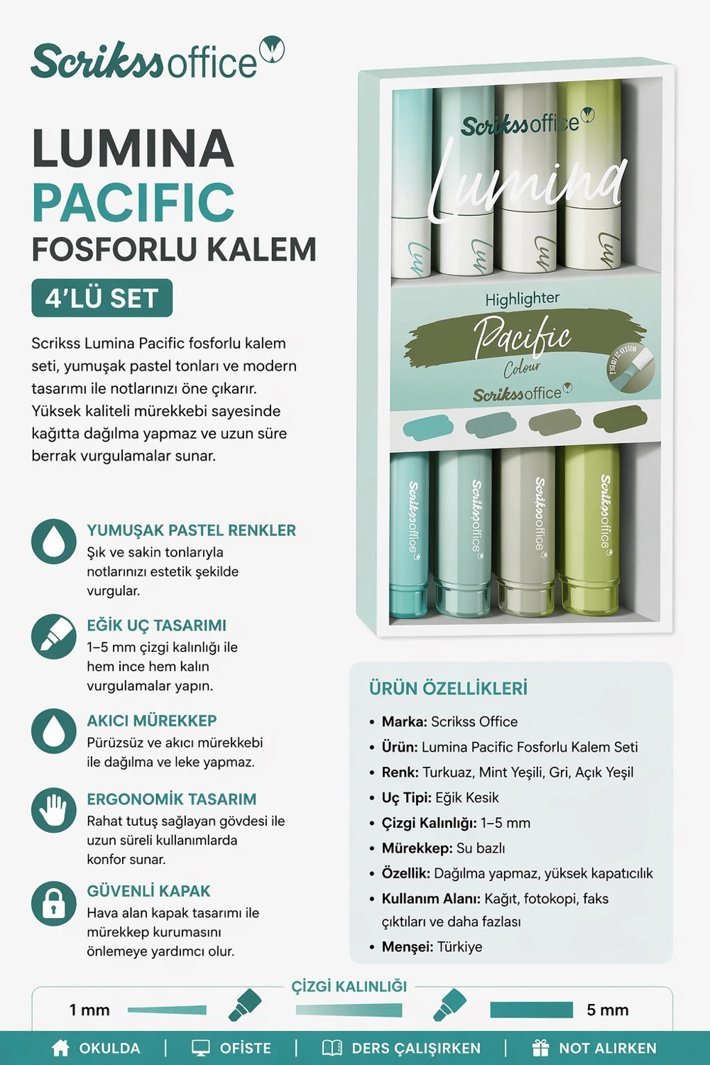 Scrikss Lumina Pacific Fosforlu Kalem 4'lü Set